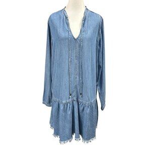 Rails Mel Split-neck Long-sleeve Denim Shift Dress In Medium Vintage Wash Sz M